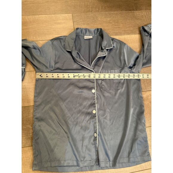 Luxury Blue Pajama Set With White Piping Button-Up Top & Drawstring Pants - Picture 7 of 7